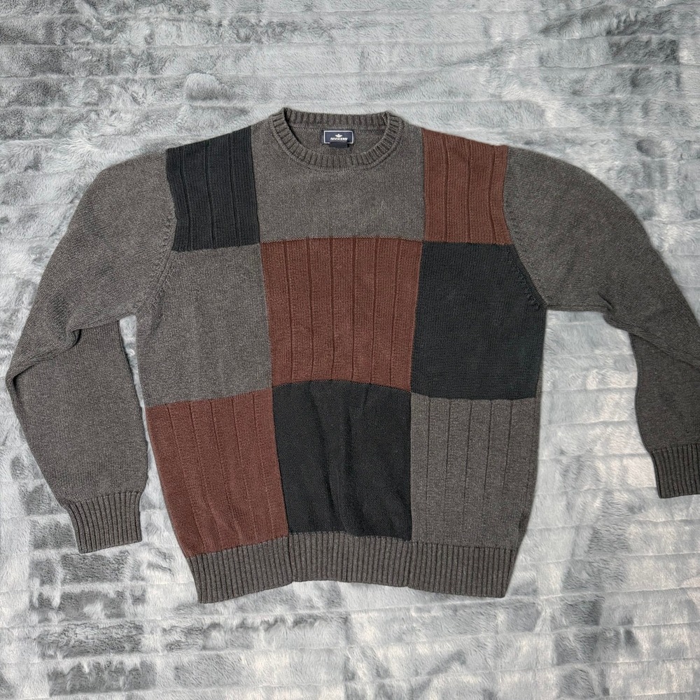 Dockers Patchwork Sweater Mens Large Grey Brown Black Cotton Knit Crewneck 4125